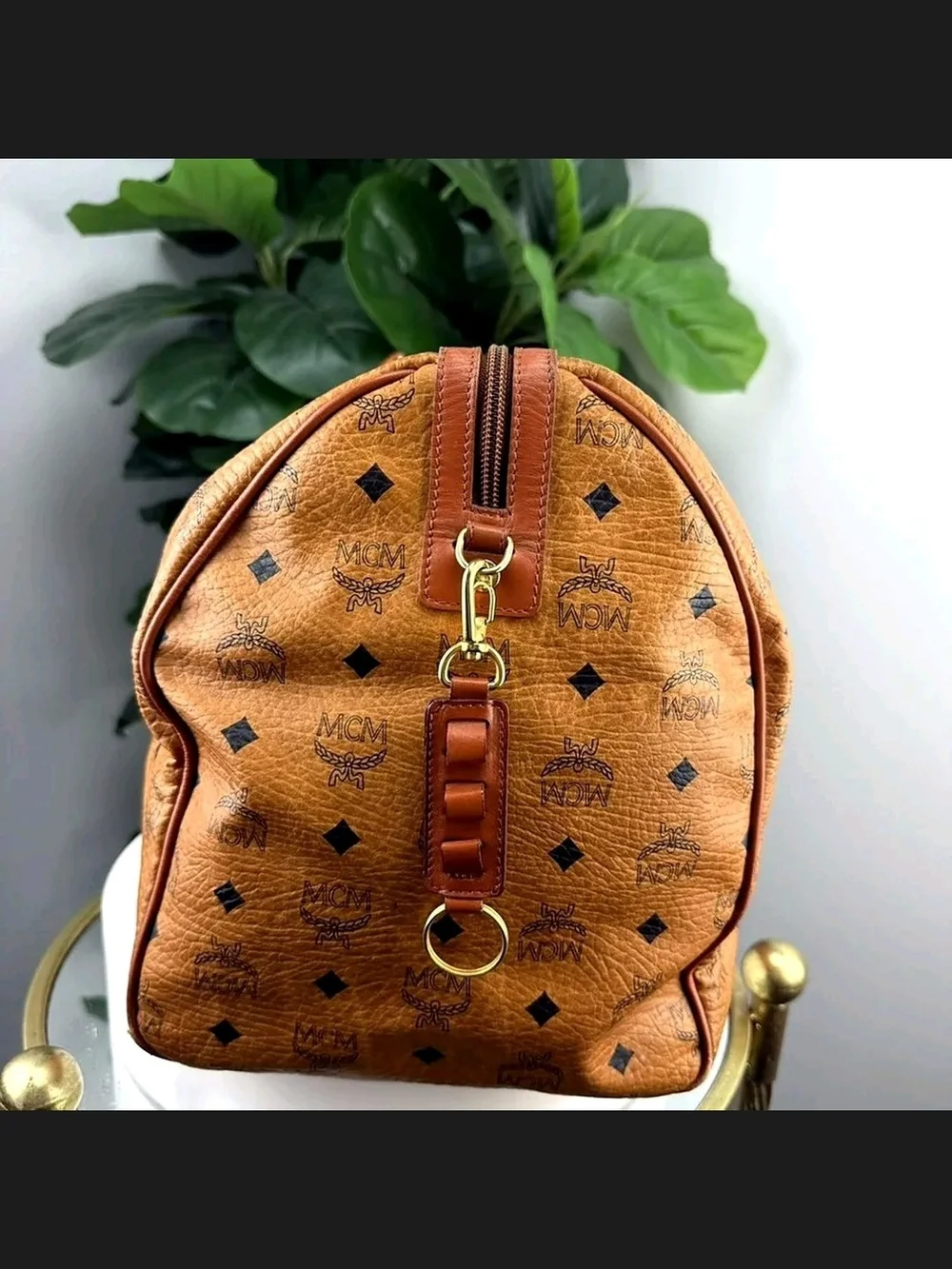 MCM Cognac Visetos Logo Duffel with Tan Trim